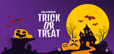 happy halloween day banner background, pumpkin monster vector designのイラスト素材