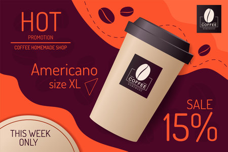 paper cup of coffee on purple and orange background. mockup and templates to create greeting, cards, magazines, cover, poster and banners. vector illustrationのイラスト素材