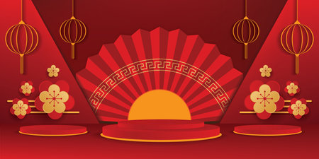 happy chinese new year concept. minimal scene with geometric forms. cylinder podium display or showcase mockup for product in red background.space for text. vector illustrationのイラスト素材