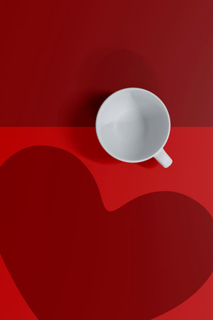 Top view of white Coffee cup on red heart paper background.  Festive card for Valentines Day. top view. flat lay. 3D illustrationの写真素材