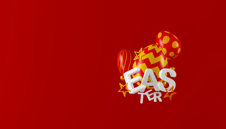 A colorful Easter eggs on red background. Happy Easter day concept. 3D illustrationの写真素材