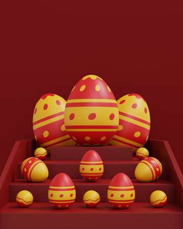 A colorful Easter eggs on red background. Happy Easter day concept. 3D illustrationの写真素材