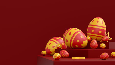 A colorful Easter eggs on red background. Happy Easter day concept. 3D illustrationの写真素材