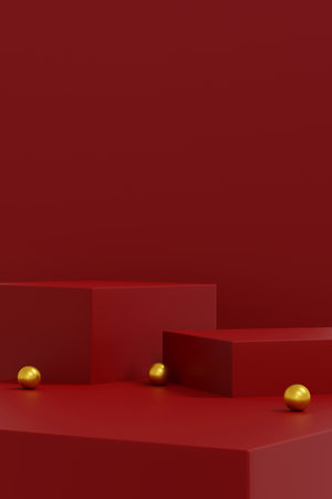 red podium minimal on stage with sweet red platform. stage to show cosmetic and beverage product. stage summer on pedestal modern 3d studio red platformの写真素材
