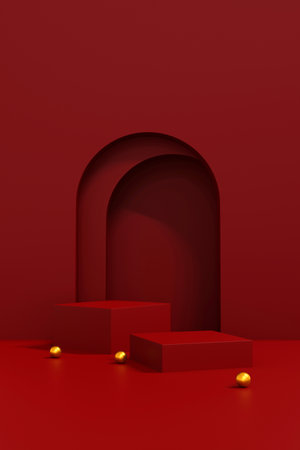 red podium minimal on stage with sweet red platform. stage to show cosmetic and beverage product. stage summer on pedestal modern 3d studio red platformの写真素材