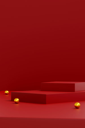 red podium minimal on stage with sweet red platform. stage to show cosmetic and beverage product. stage summer on pedestal modern 3d studio red platformの写真素材