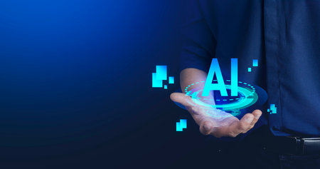 Businessman holding microchip processor with lights on the blue background. hologram digital chatbot, application, conversation assistant, AI Artificial Intelligence concept, digital chatbot on virtual screen.の写真素材