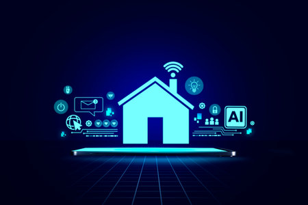 Smart home system and Artificial intelligence concept. hologram digital chatbot, application, conversation assistant, digital chatbot on virtual screen. Futuristic technology transformation.の写真素材