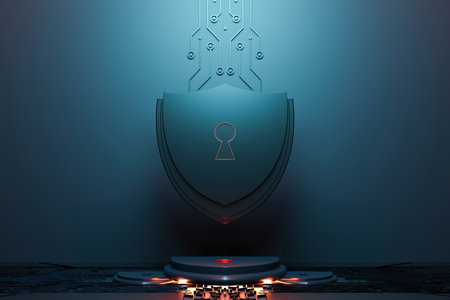 Protection network security computer and safe your data concept. Shield icon cyber security, digital data network protection, Digital crime by an anonymous hacker. 3D illustrationの写真素材