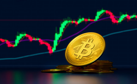 Bitcoin gold coin and defocused chart background. Investing in virtual assets. Investment platform with charts and bitcoin coin. Virtual cryptocurrency concept.の写真素材