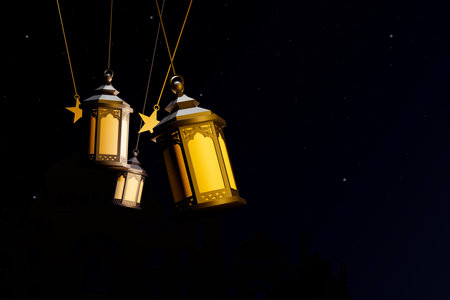 Festival for Muslim holy month Ramadan Kareem. Ornamental Arabic lantern with burning candle glowing at night. 3D illustrationの写真素材