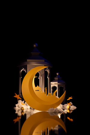 Festival for Muslim holy month Ramadan Kareem. Ornamental Arabic lantern with burning candle glowing at night. Eid-Al-Adha Mubarak banner. 3D illustrationの写真素材