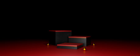 red podium minimal on stage with sweet red platform. stage to show cosmetic and beverage product. stage summer on pedestal modern 3d studio red platformの写真素材