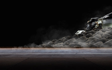 Explore this captivating abstract car racing illustration on a dark concrete floor. The dynamic sporty design showcases the thrill and power of racing, with smoke and tires adding an edgy touch. Perfect for automotive enthusiasts and race enthusiasts alike.の写真素材