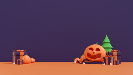 Smiling Pumpkin 3D Illustration for Festive Product Display. Autumn Celebration. Jack-O-Lantern Halloween Party Conceptの写真素材