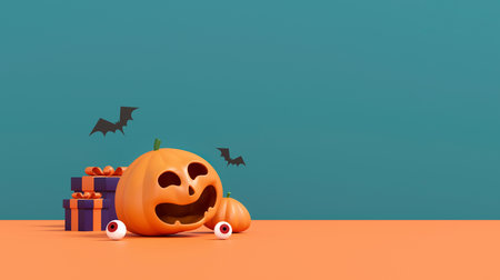 Smiling Pumpkin 3D Illustration for Festive Product Display. Autumn Celebration. Jack-O-Lantern Halloween Party Conceptの写真素材