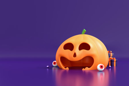 Smiling Pumpkin 3D Illustration for Festive Product Display. Autumn Celebration. Jack-O-Lantern Halloween Party Conceptの写真素材