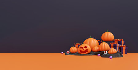 Smiling Pumpkin 3D Illustration for Festive Product Display. Autumn Celebration. Jack-O-Lantern Halloween Party Conceptの写真素材