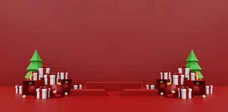 Festive Merry Christmas and Happy New Year Background - 3D Illustration with Copy Space for Holiday Product Display. geometry podium shape for show cosmetic product display. stage pedestal or platformの写真素材
