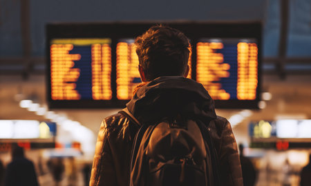 Traveler with backpack gazing at airport departure board, contemplating his journey. showcasing the warm golden light illuminating its earthy brown and black coat, creating a striking contrast against the soft, blurred background. AI Generativeの写真素材