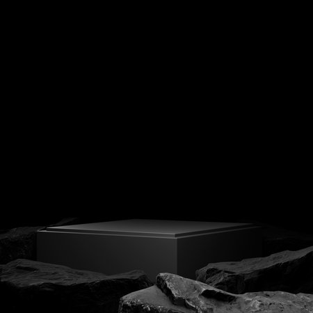beauty, jewelry, and spa cosmetic mockup template. This exquisite and modern 3D illustration showcases a sleek podium set on dark stone, radiating an upscale and high-end aura. Ideal for capturing attention with its captivating allure and showcasing your premium designs in an attractive, professional mannerの写真素材