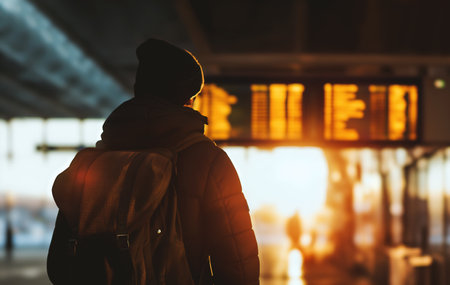 Traveler with backpack gazing at airport departure board, contemplating his journey. showcasing the warm golden light illuminating its earthy brown and black coat, creating a striking contrast against the soft, blurred background. AI Generativeの写真素材