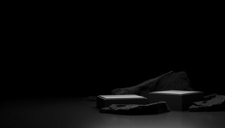 beauty, jewelry, and spa cosmetic mockup template. This exquisite and modern 3D illustration showcases a sleek podium set on dark stone, radiating an upscale and high-end aura. Ideal for capturing attention with its captivating allure and showcasing your premium designs in an attractive, professional mannerの写真素材