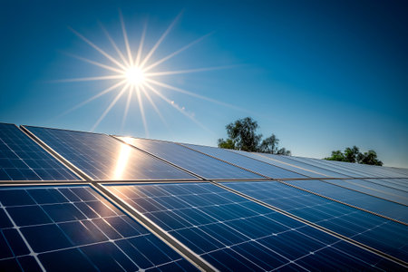 Solar panels harnessing the power of the sun on rooftops, generating clean and renewable energy for...