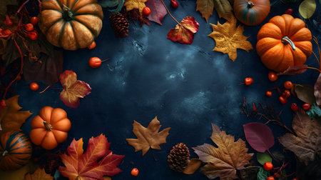 Thanksgiving and Autumn decoration concept.autumn leaves and pumpkin on dark background. realistic still life. autumn, nature photography. Flat lay, top view. AI Generativeの写真素材