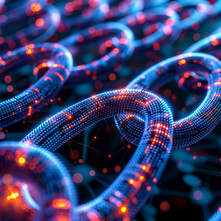 Futuristic blockchain network visualization, interconnected digital nodes representing cryptocurrency transactions, abstract cyber security concept. Generated-AIの写真素材