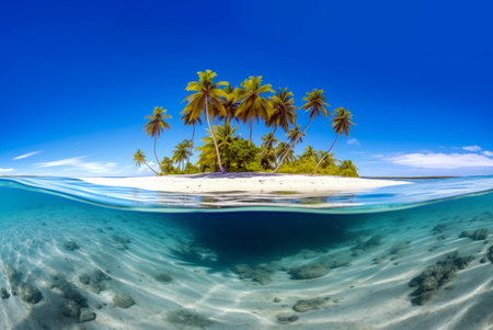 Tropical paradise. A beautiful beach with palm trees, turquoise sea, golden sand, and a clear blue sky â the perfect summer getaway and vacation destination.  AI Generativeの写真素材