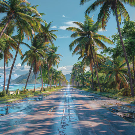Beautiful beaches road and coconut trees. road background. Generated-AIの写真素材