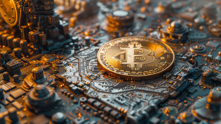 Bitcoin gold coin and defocused chart background. Investing in virtual assets. Investment platform with charts and bitcoin coin. Virtual cryptocurrency concept, Generated-AIの写真素材