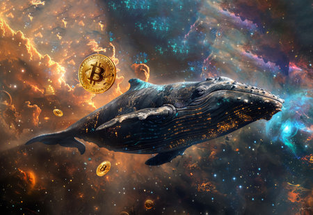 cryptocurrency investment concept, whale there are bitcoin coins floating in the background, in the style of futuristic cityscapes, whale alert crypto. Generated-AIの写真素材
