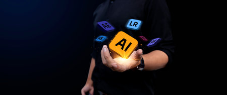 graphic design personnel craft digital concepts, holding icons and illustrating innovative programs with professional expertise, creative workspace,の写真素材