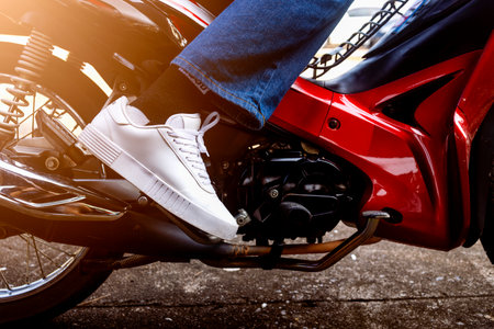 kick starter to start the motorbike, motorcycle broken down The engine won't start. The engine has a problemの写真素材