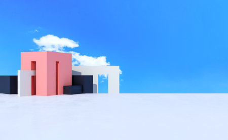 A vibrant scene showcasing modern minimalist architecture with geometric shapes against a clear blue...