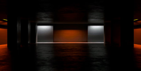 minimalist dark abstract interior design. Underground Studio, Hallway Parking Room, Bunker Bomb...