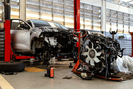 car repair station with soft-focus and over light in the backgroundの写真素材