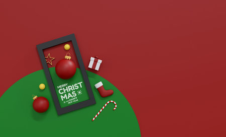 minimalist Christmas design with red background, gift boxes, festive ornaments and empty frame. for...