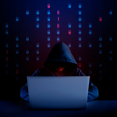 Hooded hacker using a laptop with shield icons symbolizing data breaches, online security, and cybercrime.の写真素材