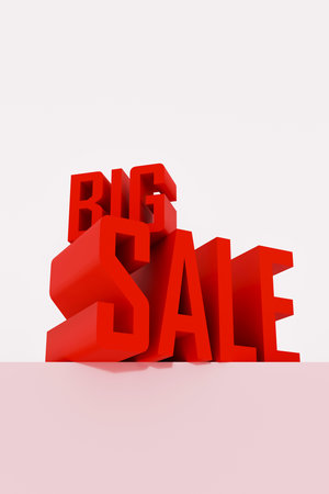 3D big sale text with bold red and white typography on a dark background. Perfect for promotions, discounts, e-commerce, and advertising campaigns.の写真素材