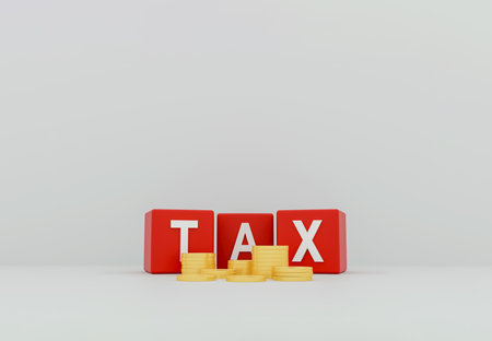 Financial tax concept showing stacked gold coins and bold red cubes spelling "TAX" on a clean white background. 3D illustrationの写真素材