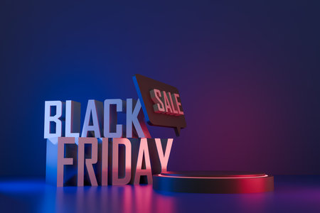 3D Black Friday sale banner with neon lighting, modern typography, and a futuristic shopping promotion for digital marketing and ecommerce ads.の写真素材