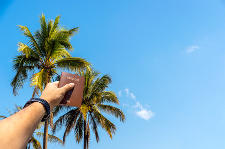 Hand holding a passport with tropical palm trees and blue sky. Perfect for travel, tourism, and vacation themes.の写真素材