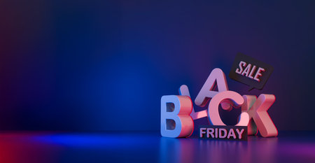 3D Black Friday sale banner with neon lighting, modern typography, and a futuristic shopping promotion for digital marketing and ecommerce ads.の写真素材