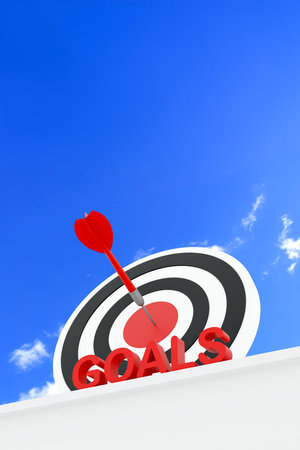 Red dart hitting the bullseye on a target with  GOALS  text, symbolizing success, achievement, precision, business strategy, and motivation. 3d illustrationの写真素材