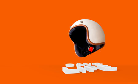 motorcycle helmet floats above 3D safety text on vivid orange background, symbolizing protection,...