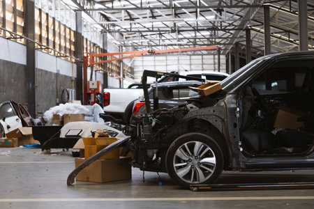 Car without doors and hood parked inside a large industrial workshop, showing vehicle repair, maintenance, or manufacturing processの写真素材