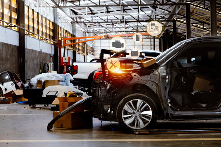 Modern car repair shop with disassembled vehicle and digital icons showing diagnostics, tools, and parts. Concept of smart auto service, garage technology, and future automotive maintenance.の写真素材